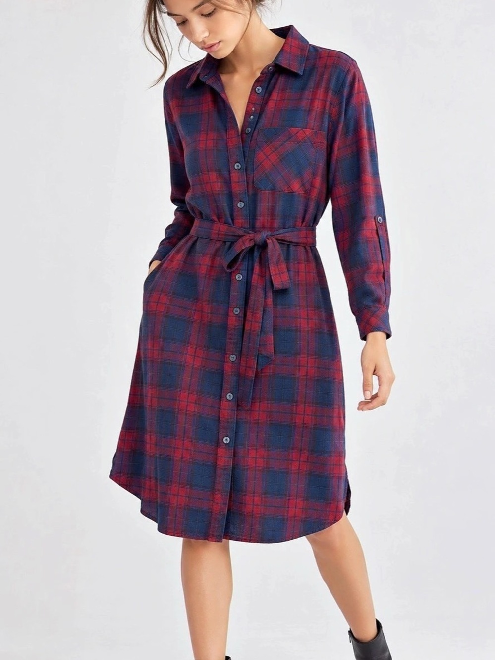 458. BC Clothing Plaid Shirt Dress in Blue & Red Size Medium